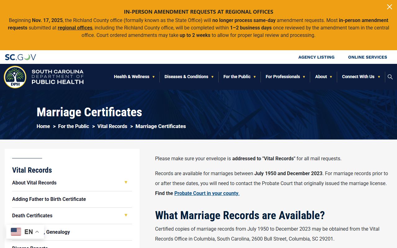 Marlboro County court dockets source showing marriage certificate access