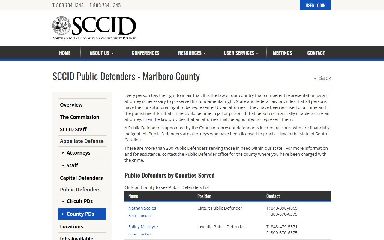 Marlboro County court dockets source showing public defender contacts