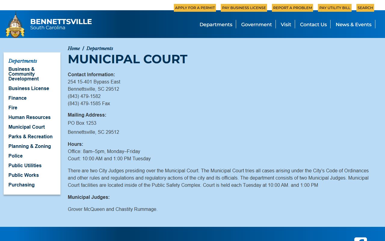 Marlboro County court records source showing official Bennettsville municipal court information