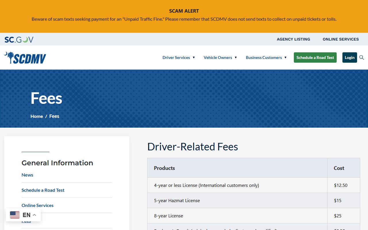 Marlboro County court records source showing SCDMV fee schedule for driver records