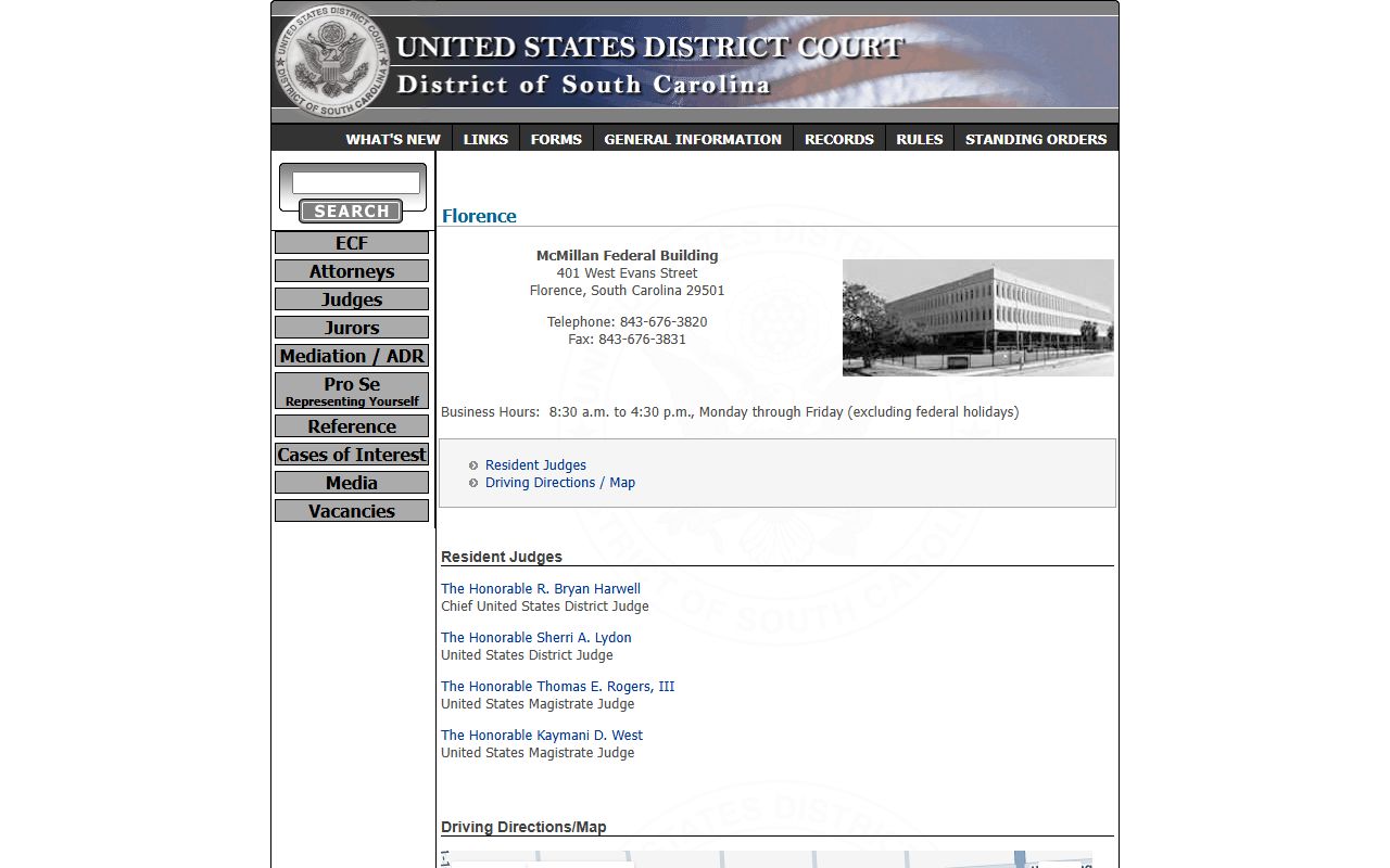 Marlboro County criminal court records source showing Florence federal courthouse information