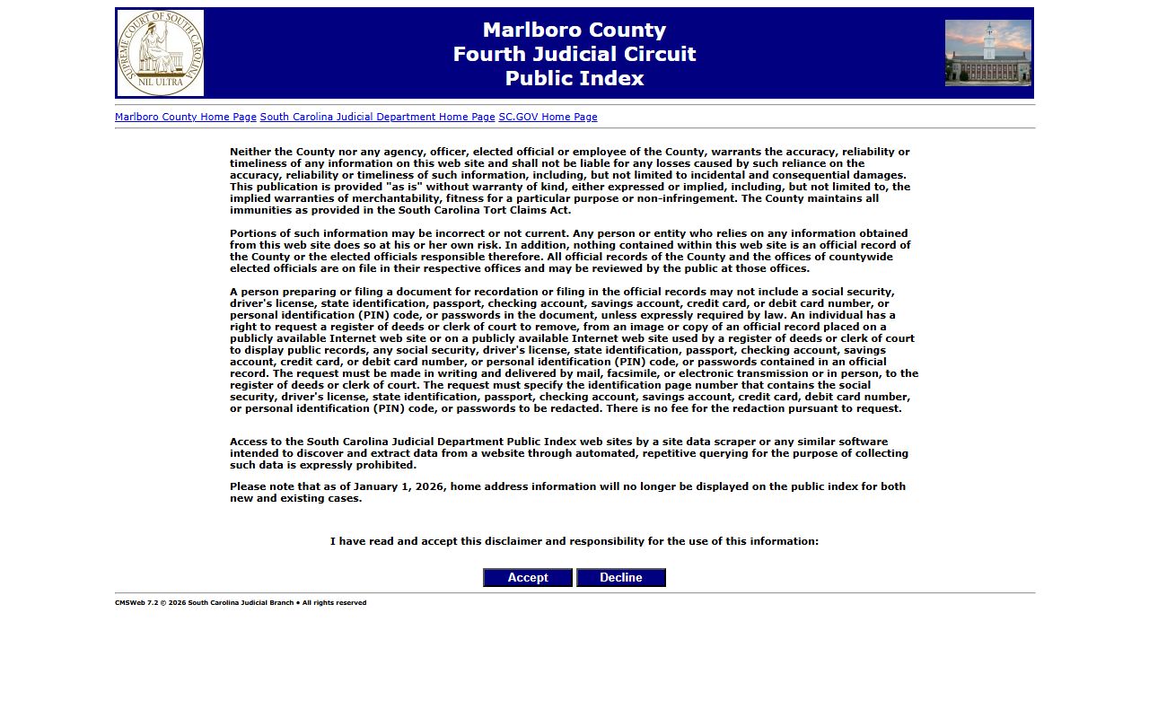Marlboro County court records Public Index search screen