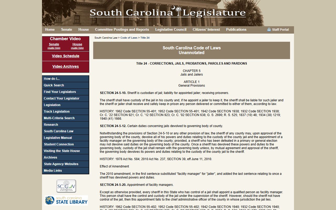 Marlboro County inmate search jail and sheriff custody statute source