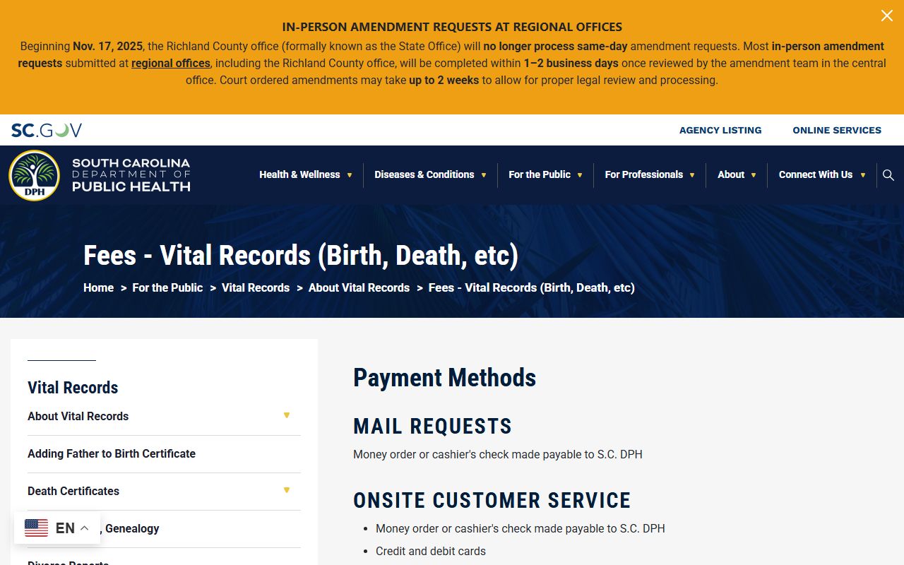 Marlboro County marriage divorce records DPH fee source