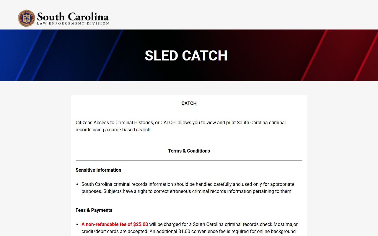 Marlboro County warrant search SLED CATCH criminal history entry